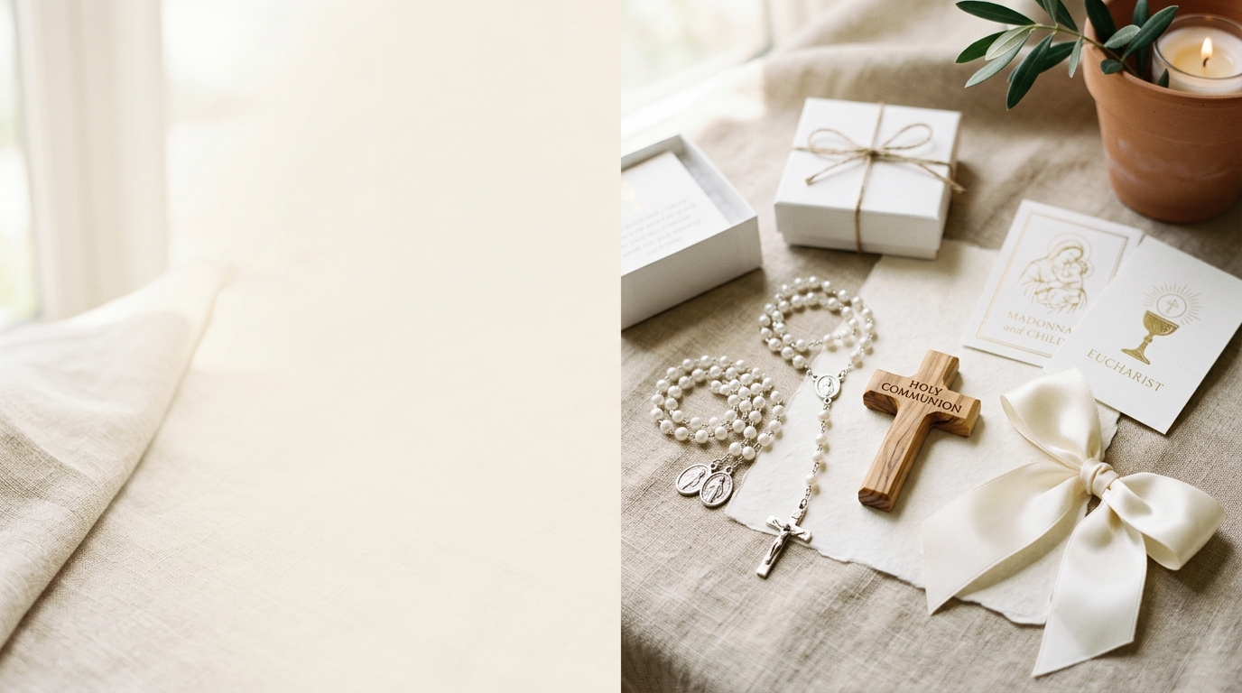 Recuerdos de primera comunión: rosarios de perlas, cruz de madera de olivo, estampas y cajas de regalo