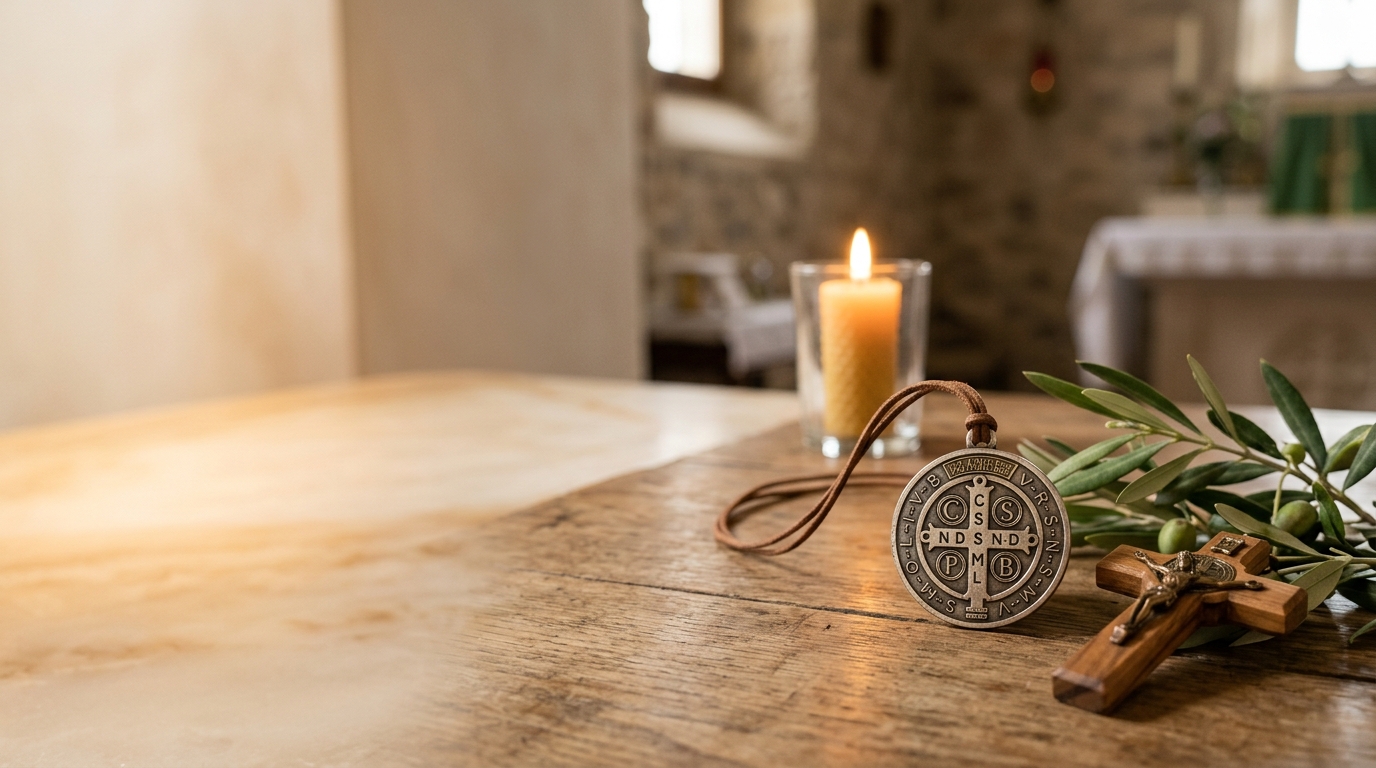Medalla de San Benito junto a una cruz de madera de olivo y una vela encendida